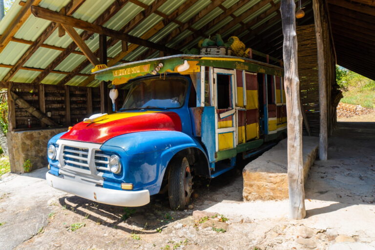 Soufriere, Saint Lucia, West Indies - Old local taxi bus in Morne Coubaril Historic Adventure Park. Transported goods and people to the local market.