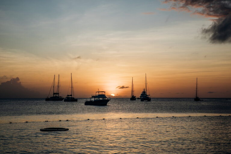 View of the beautiful sunset in Saint Lucia with boats