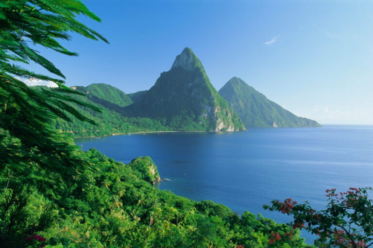 Volcanic peaks of the pitons, soufriere bay, st. lucia, caribbean, west indies, central america